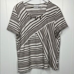 Alfred Dunner Womens Top Chocolate Brown Cream XL Pullover Beading Stripes Flaw